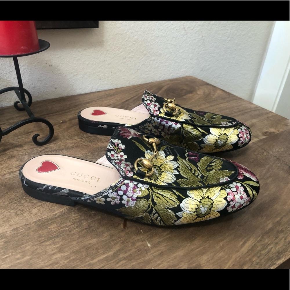 Gucci Princetown Women Black/Gold Jacquard Floral Mule Flats  EU Sz 35 / US Sz 5
